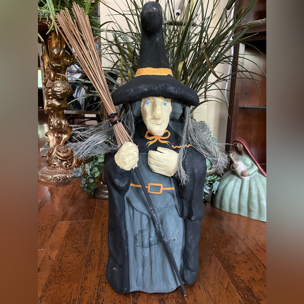 Vntg Halloween Witch w/Hat Decor Large Paper Mache’ 26” Crystal accent eyes